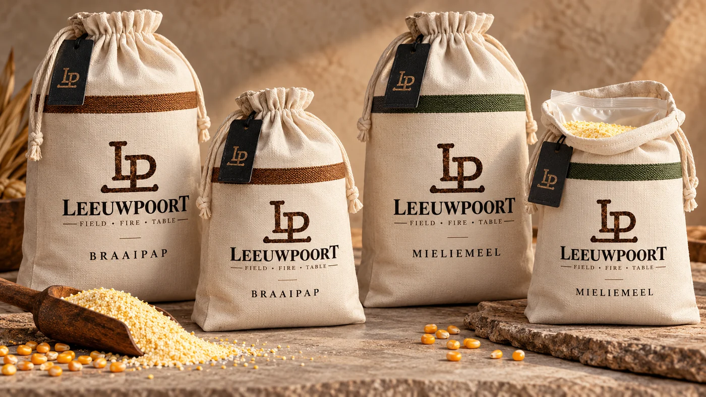 Cotton outer bags for braaipap and mieliemeel with bronze and green details