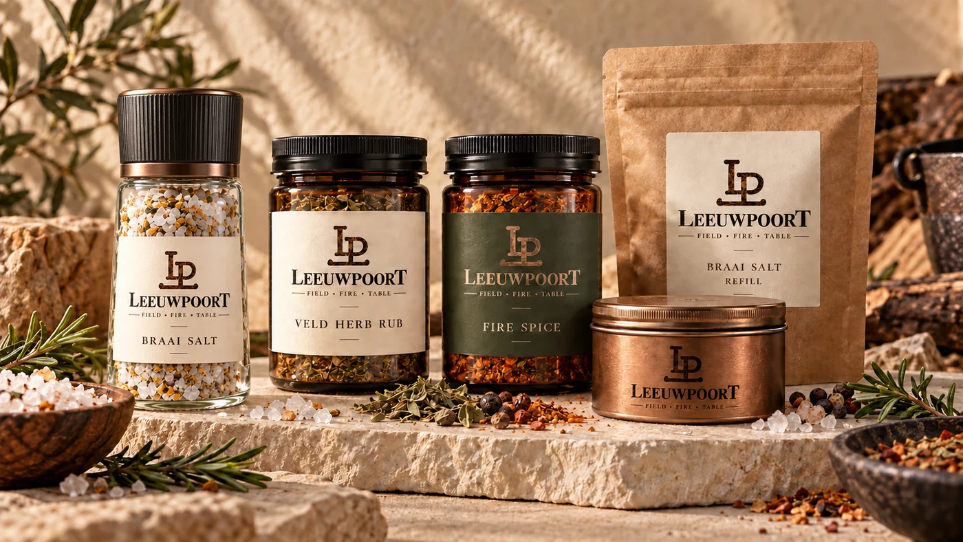 Leeuwpoort salt and spice packaging concepts in glass, metal and natural materials.