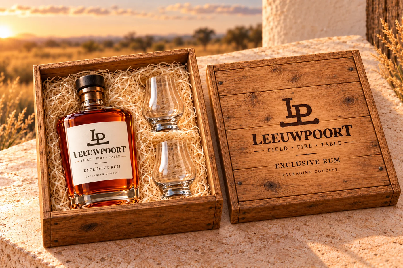Rum bottle and two tasting-glass gift-set concept in a timber case