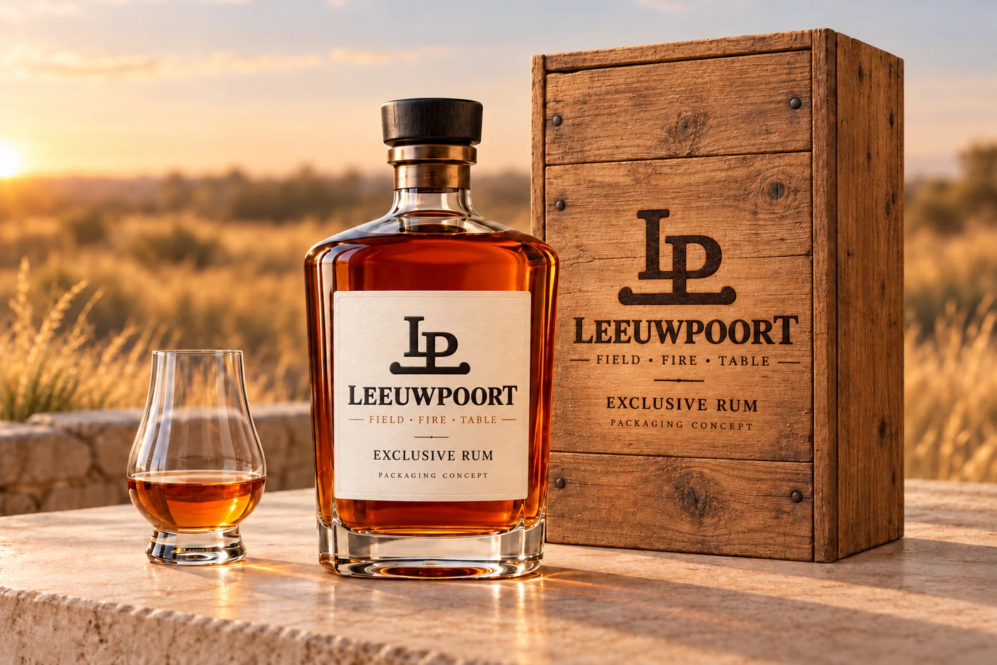 Rum packaging concept with a natural timber case and Leeuwpoort mark
