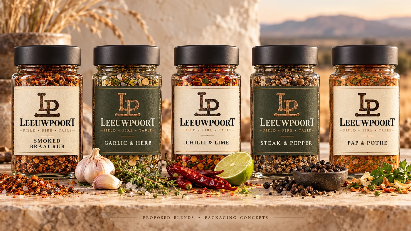 Five proposed spice-blend packaging designs